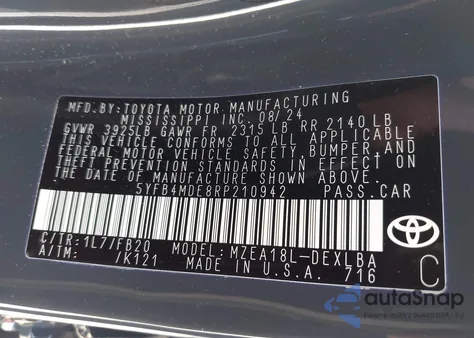 2024 Toyota Corolla Le from USA, damaged, VIN 5YFB4MDE8RP210942